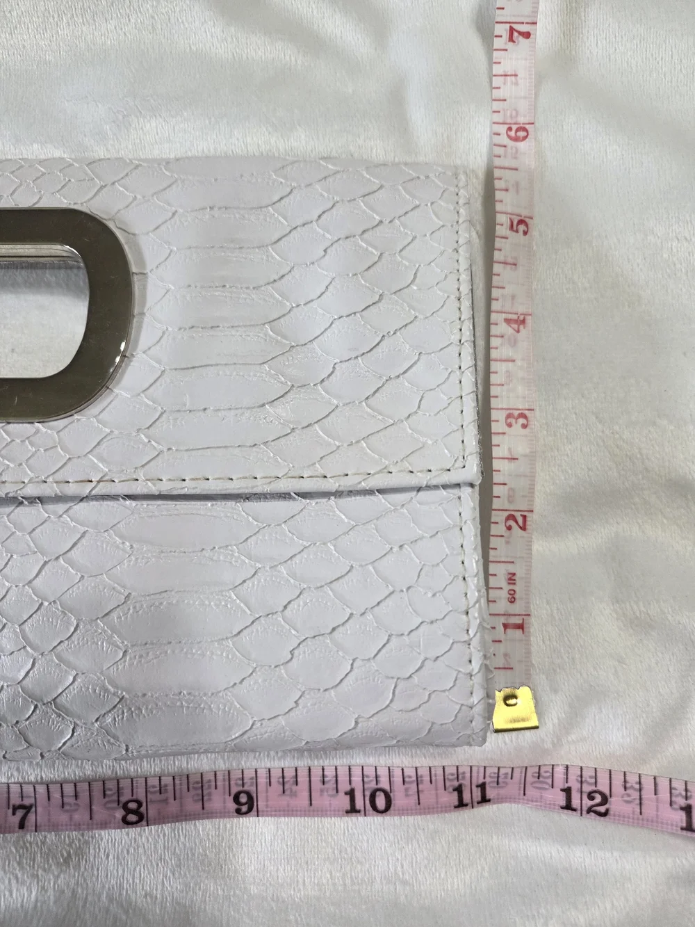 White Textured Faux-Snake Envelope Clutch with Metallic Handle Magnetic Closure